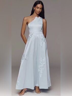 Hutch One-Shoulder Light Blue Floral Appliqué Evening Dress